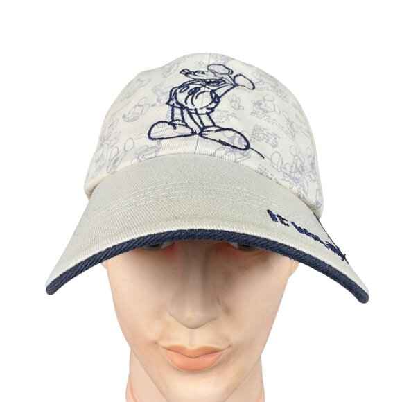 Vtg Disney Mickey Mouse Baseball Cap Hat Beige Navy Embroidered Strapback - Picture 1 of 15